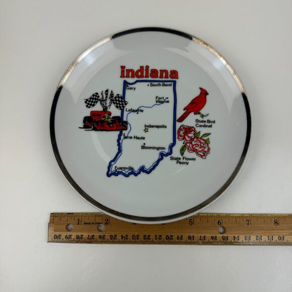 Vtg Indiana Round Souvenir Plate Bird Racecar Flower Ceramic White Cream Silver - Picture 4 of 13